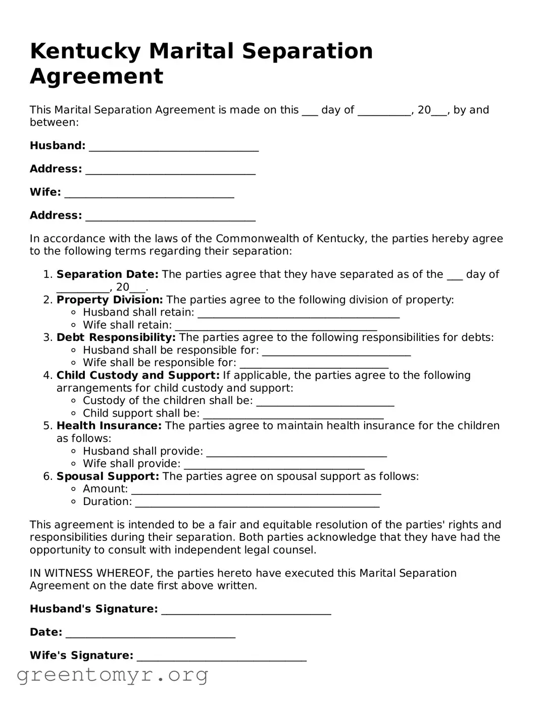 Marital Separation Agreement Form for the State of Kentucky