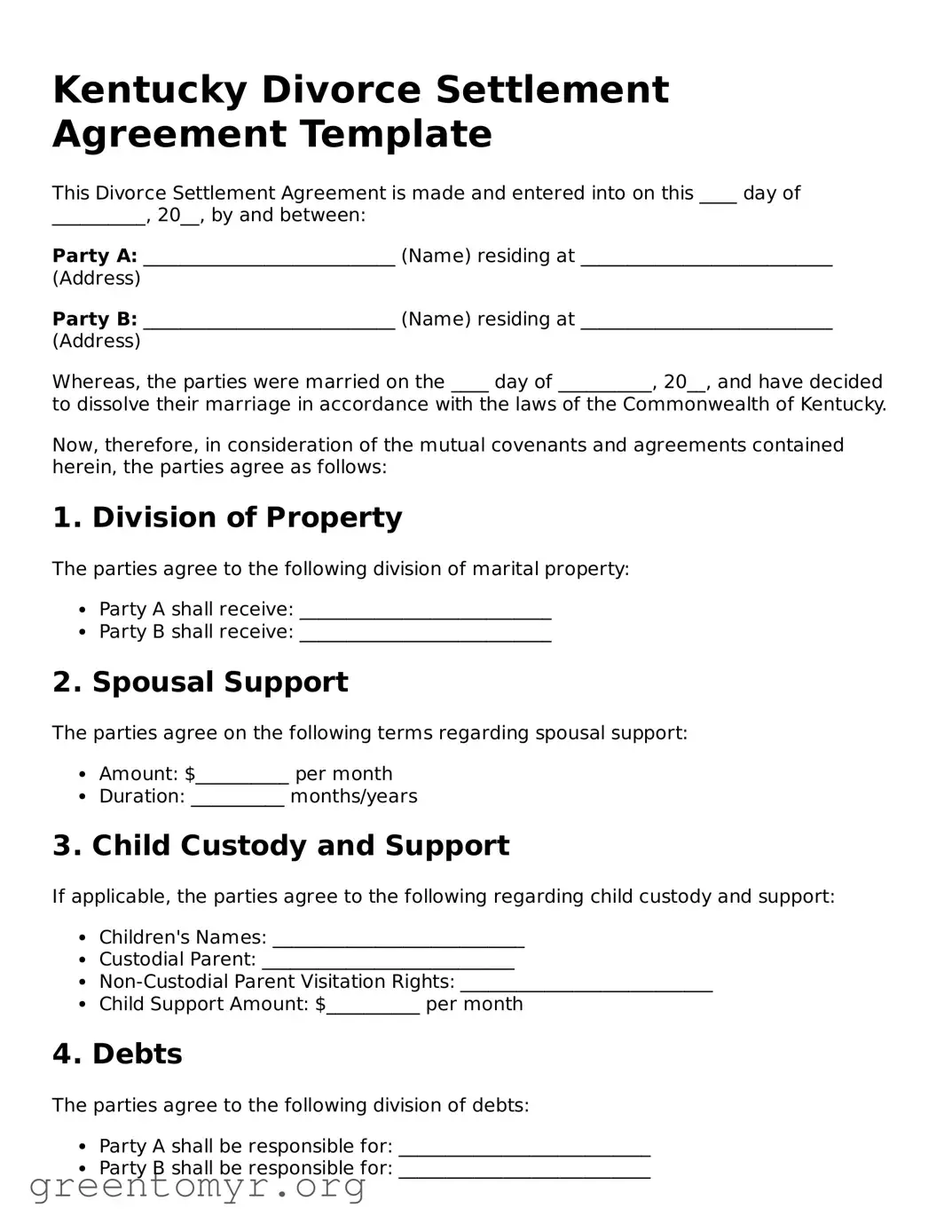 Divorce Settlement Agreement Form for the State of Kentucky