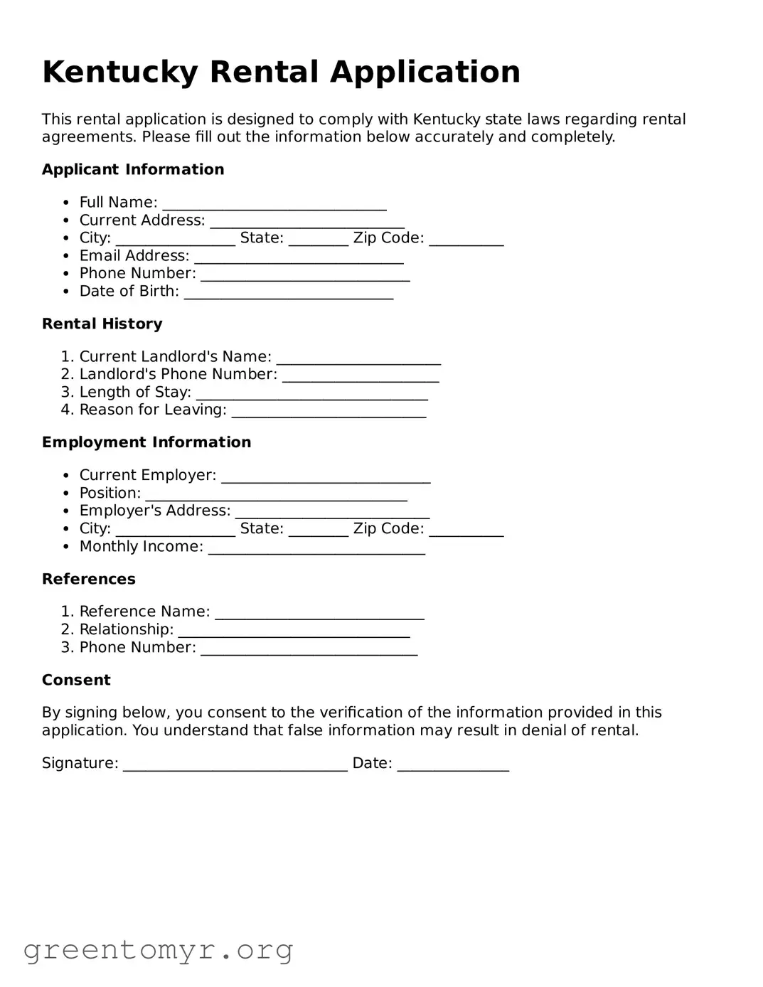 Rental Application Form for the State of Kentucky