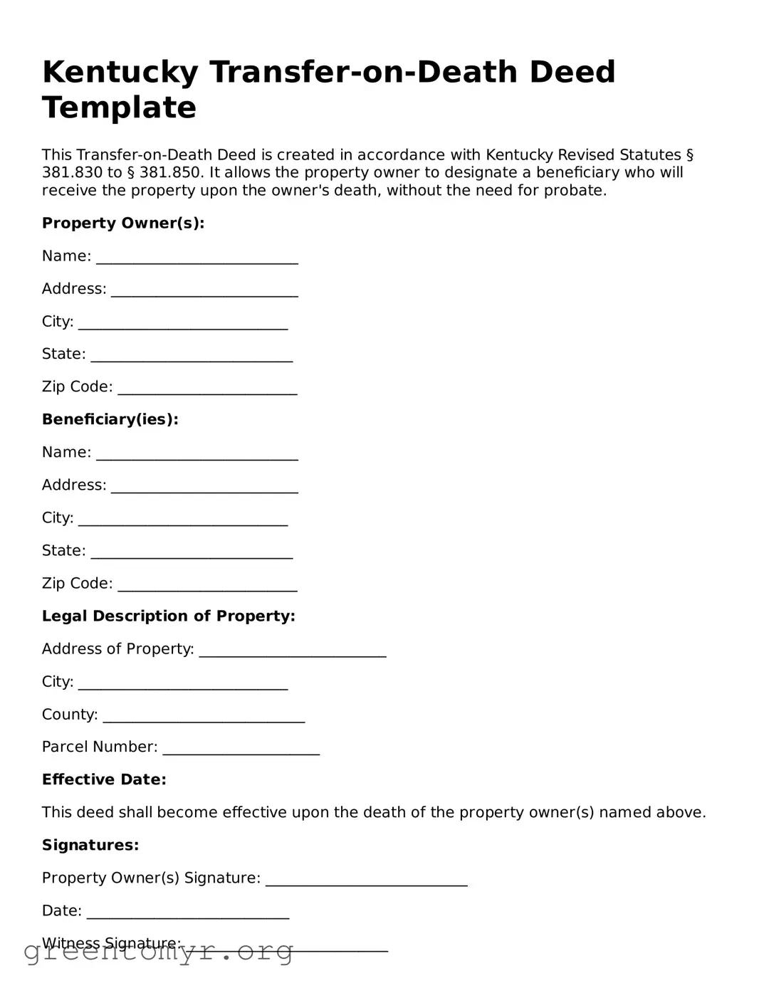 Transfer-on-Death Deed Form for the State of Kentucky