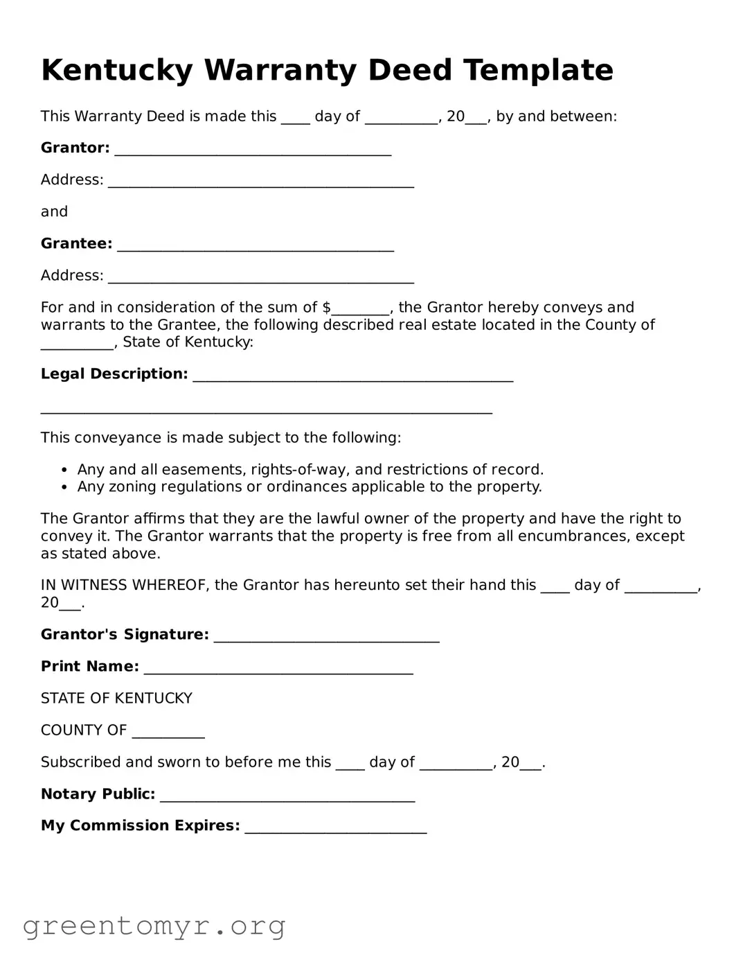 Deed Form for the State of Kentucky