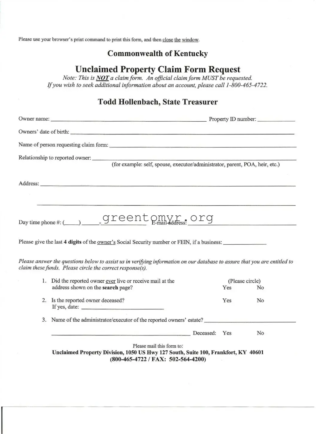 Fill in a Valid Kentucky Unclaimed Property Reporting Template
