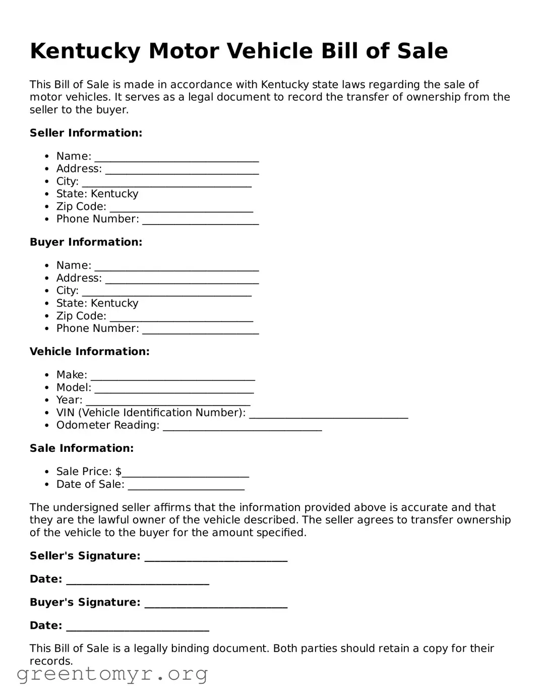 Motor Vehicle Bill of Sale Form for the State of Kentucky