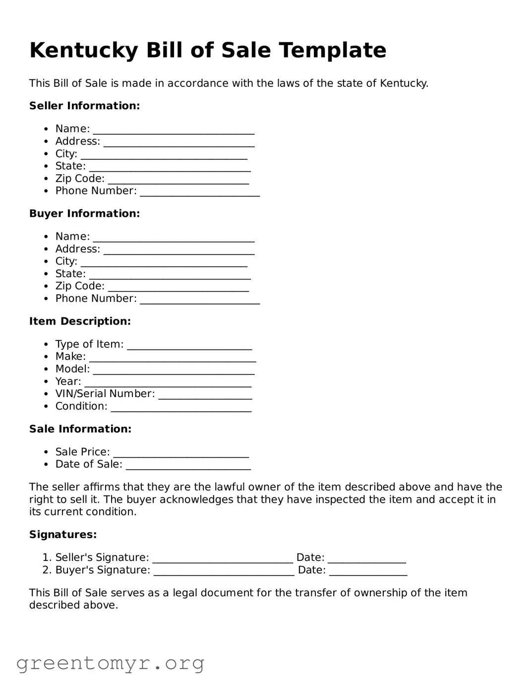 Bill of Sale Form for the State of Kentucky