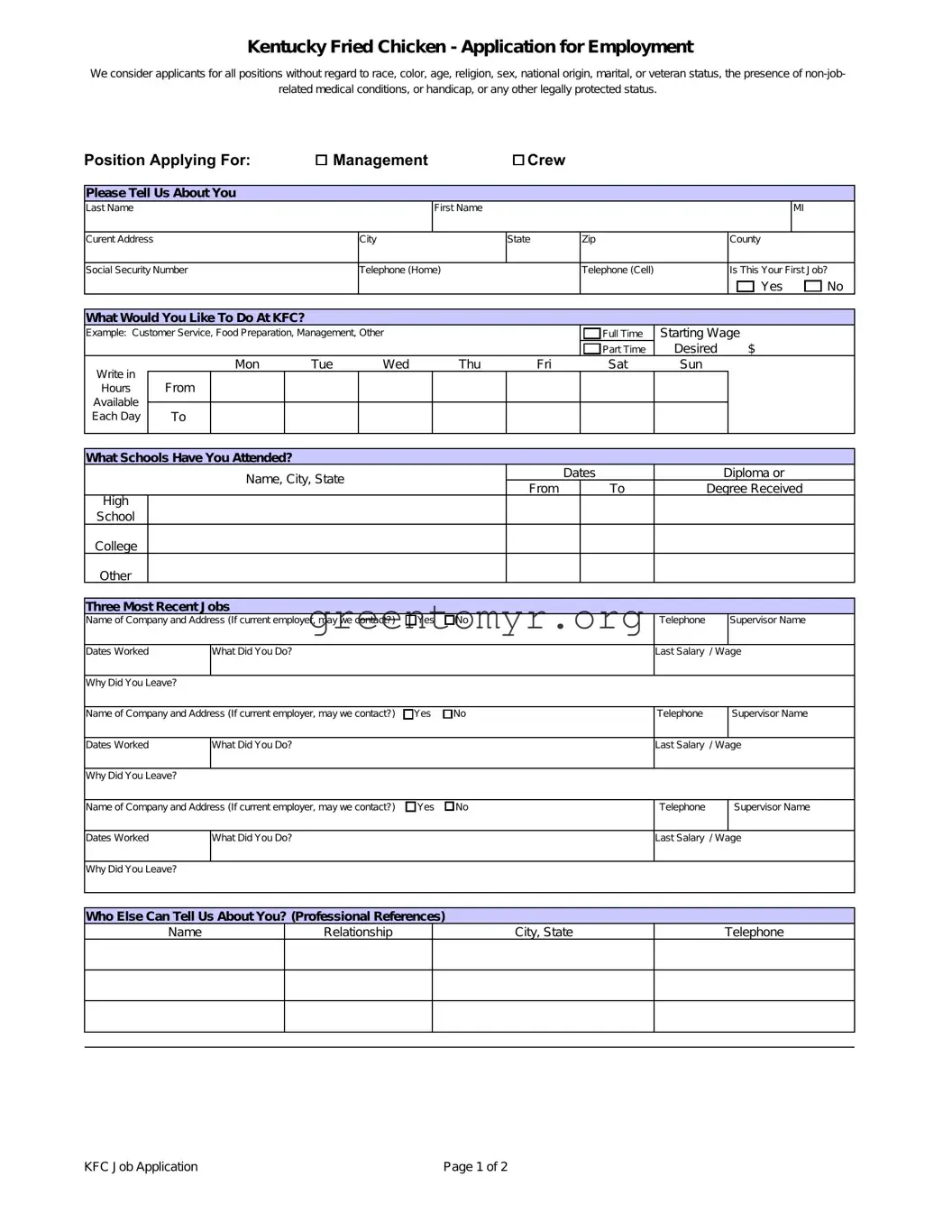 Fill in a Valid Kfc Application Template