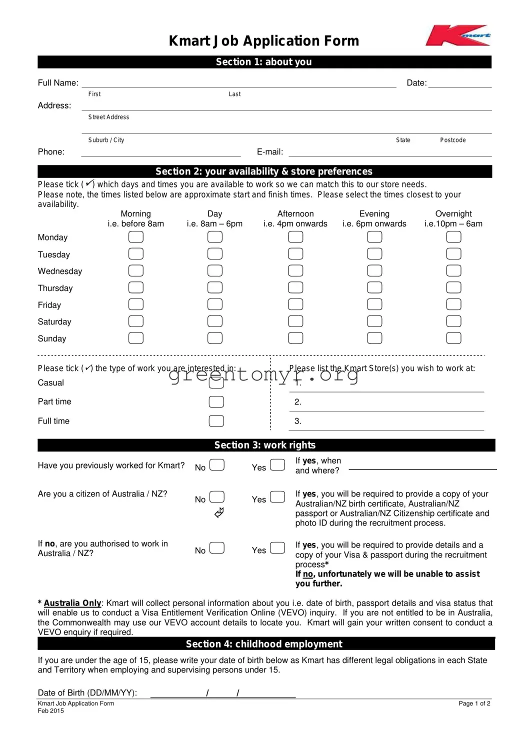 Fill in a Valid Kmart Job Application Template