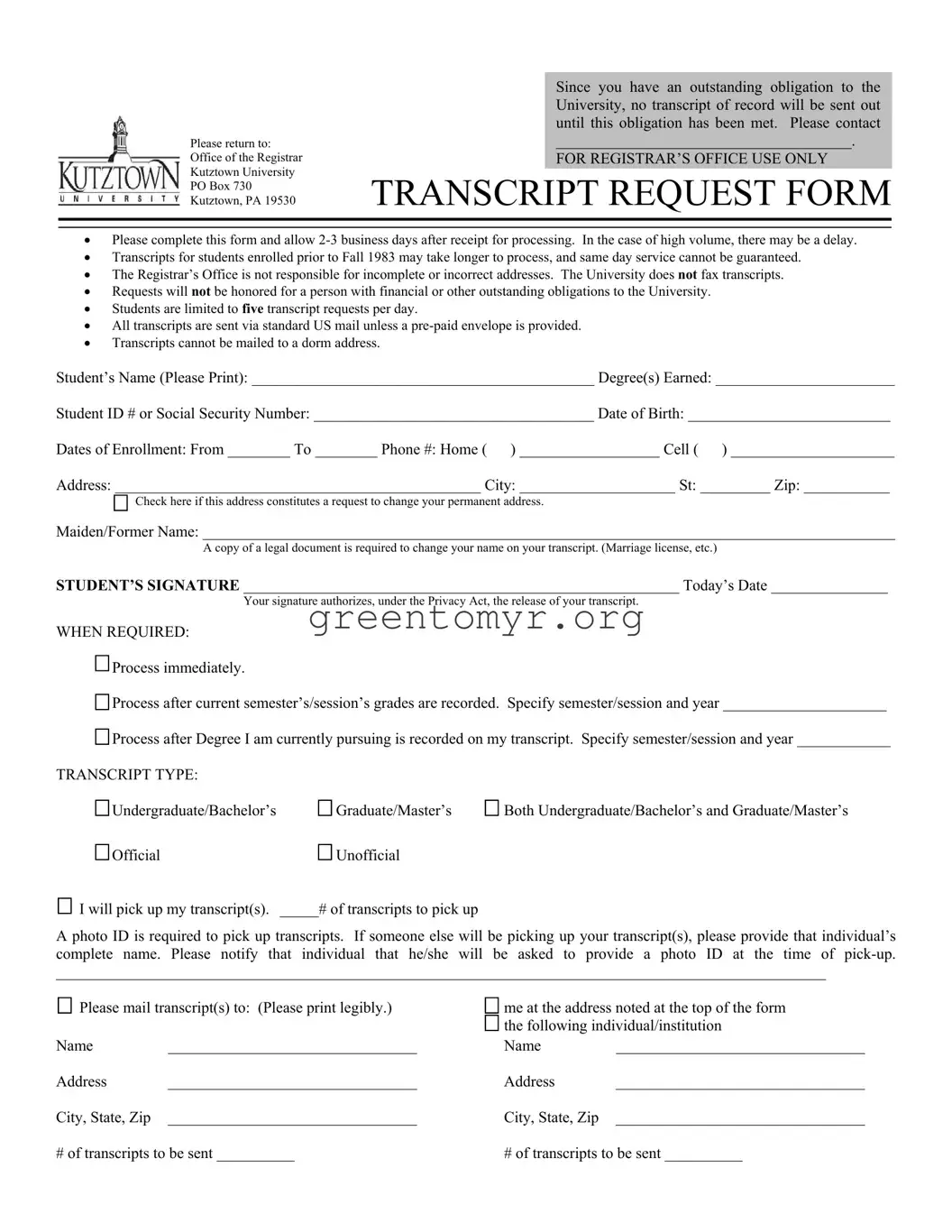 Fill in a Valid Kutztown University Transcript Template
