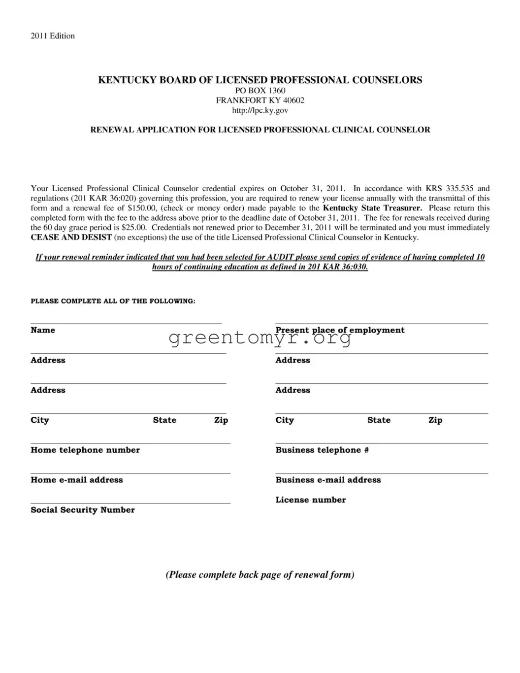 Fill in a Valid Ky Lpcc License Template