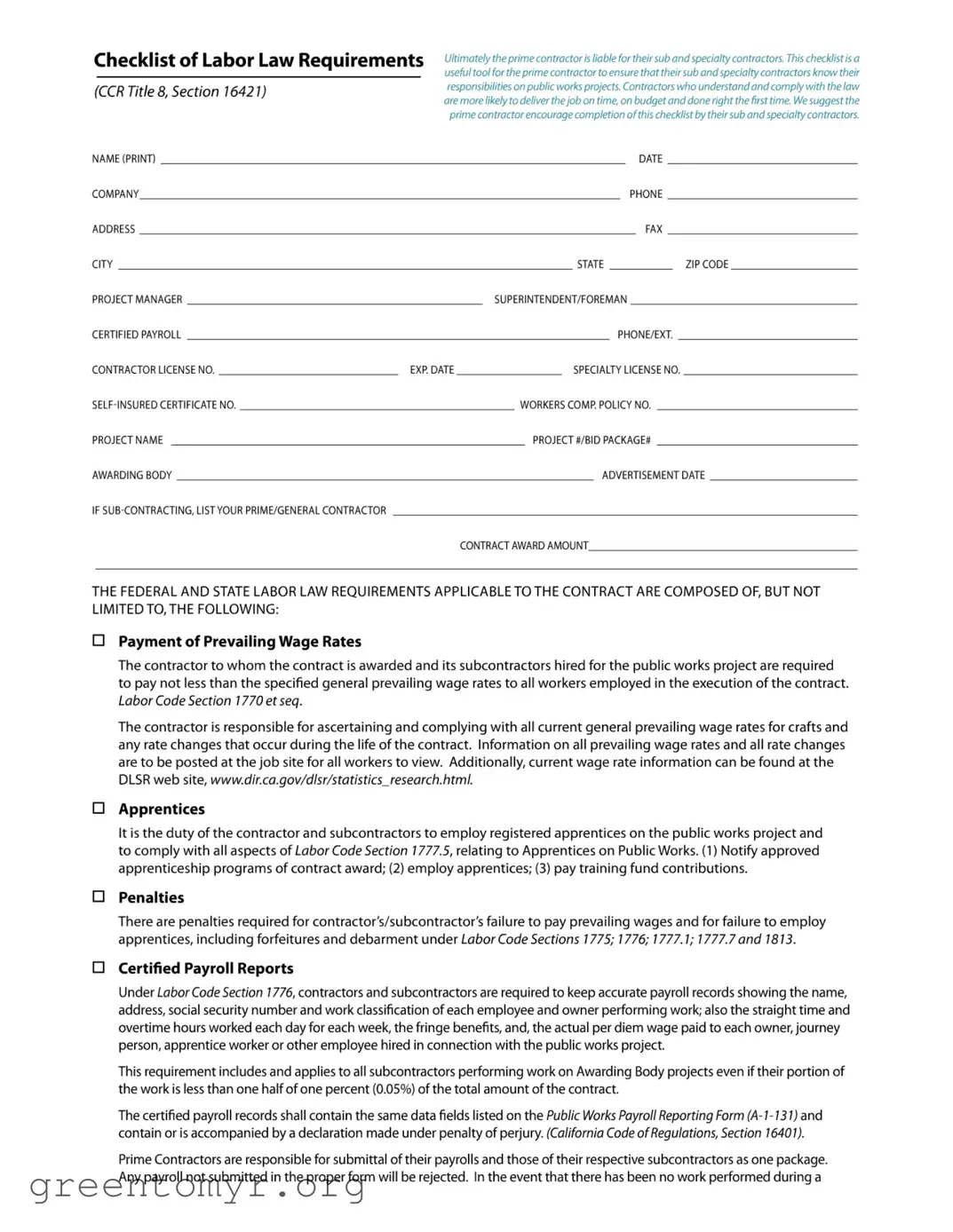Fill in a Valid Checklist Labor Law Template