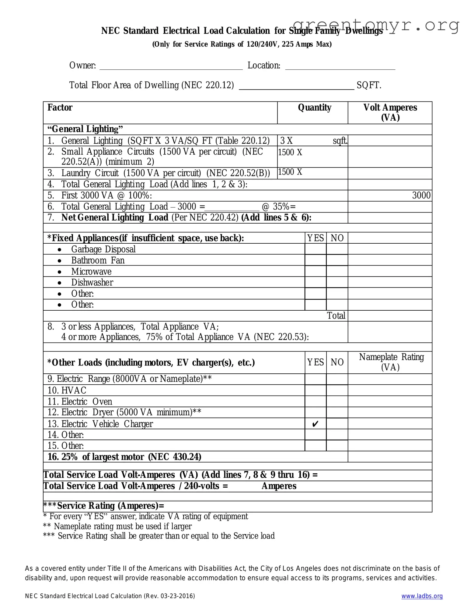 Fill in a Valid LADBS NEC Standard Electrical Load Calculation Template
