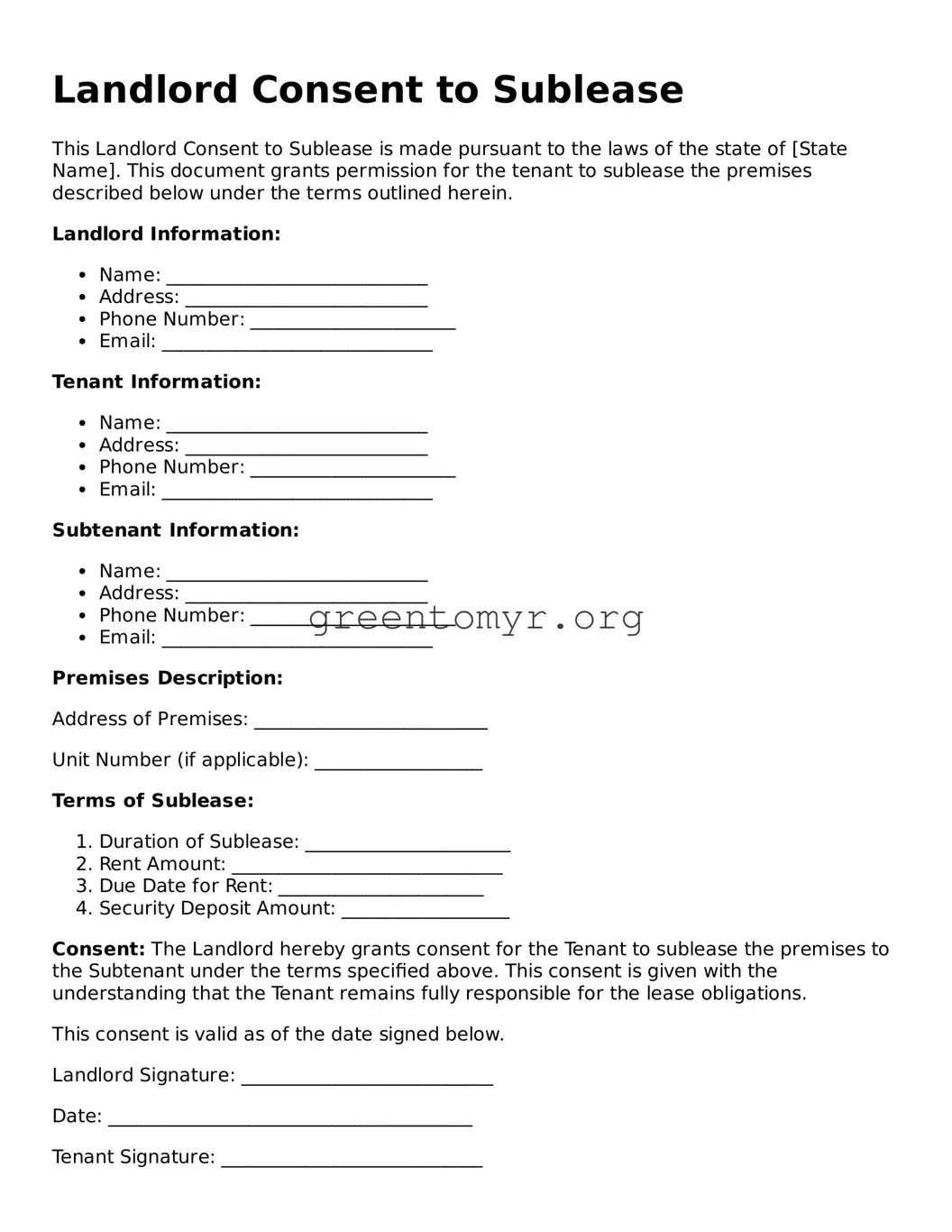 Valid Landlord Consent to Sublease Form