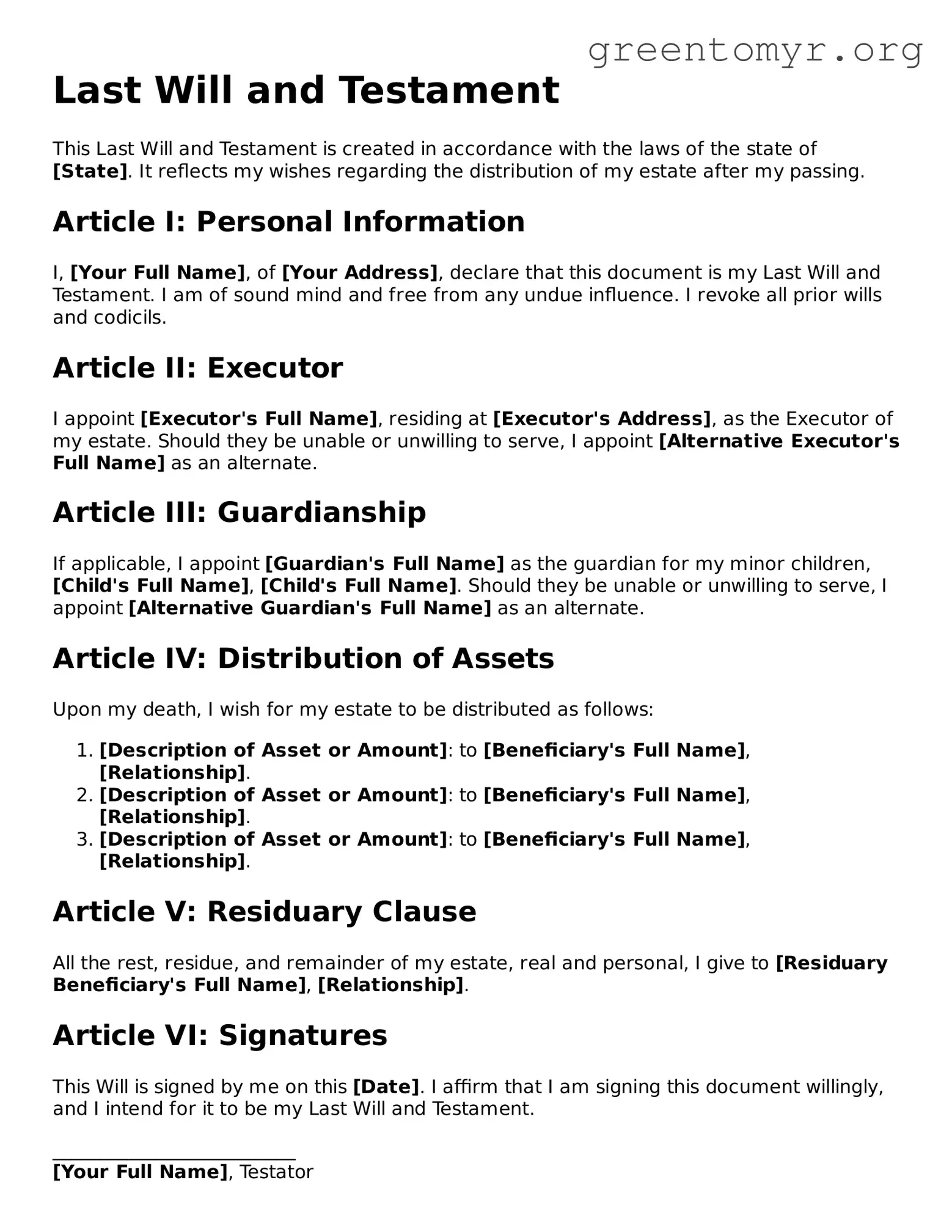 Valid Last Will and Testament Form
