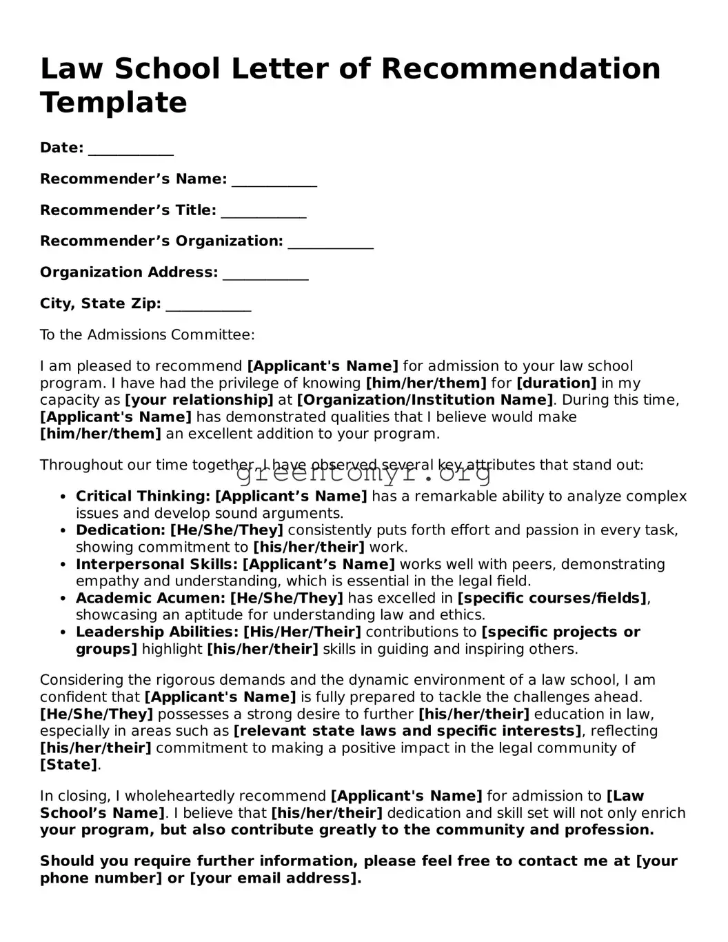 Valid Law School Letter of Recommendation Form