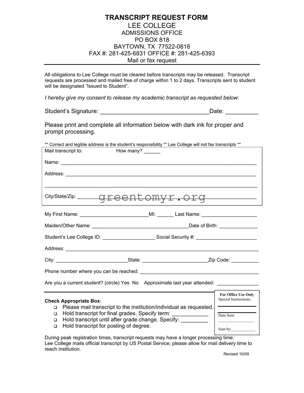 Fill in a Valid Lee College Transcript Request Template