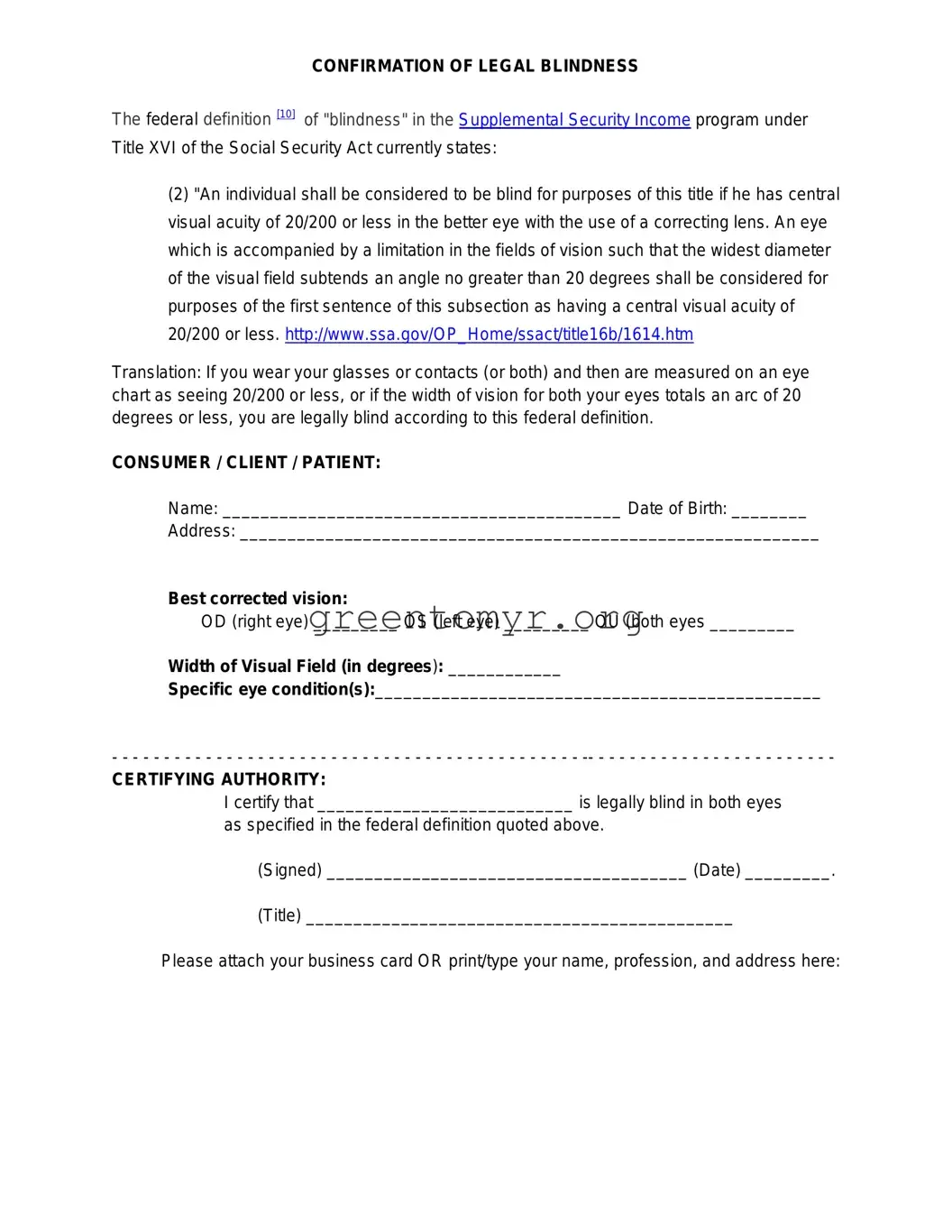 Fill in a Valid Legal Blindness Template