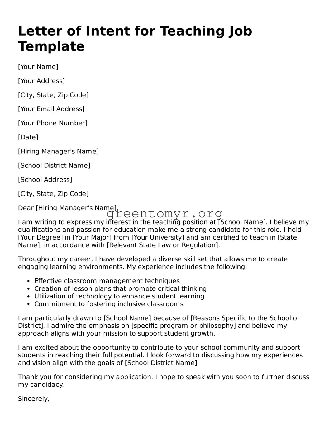 Valid Letter of Intent for a Teaching Job Form