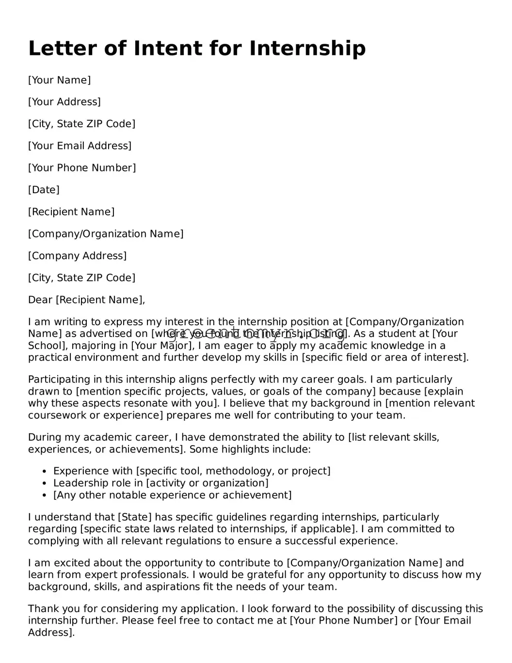 Valid Letter of Intent for Internship Form