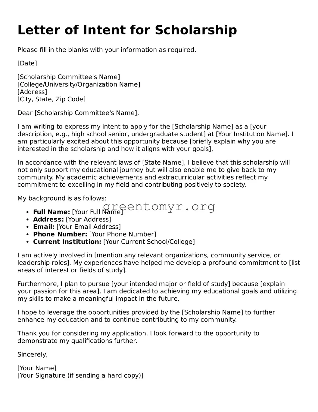 Valid Letter of Intent For Scholarship Form