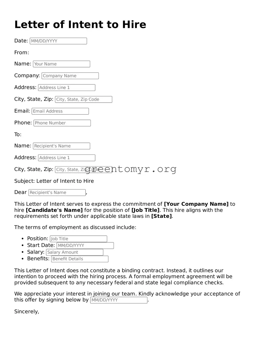 Valid Letter of Intent to Hire Form