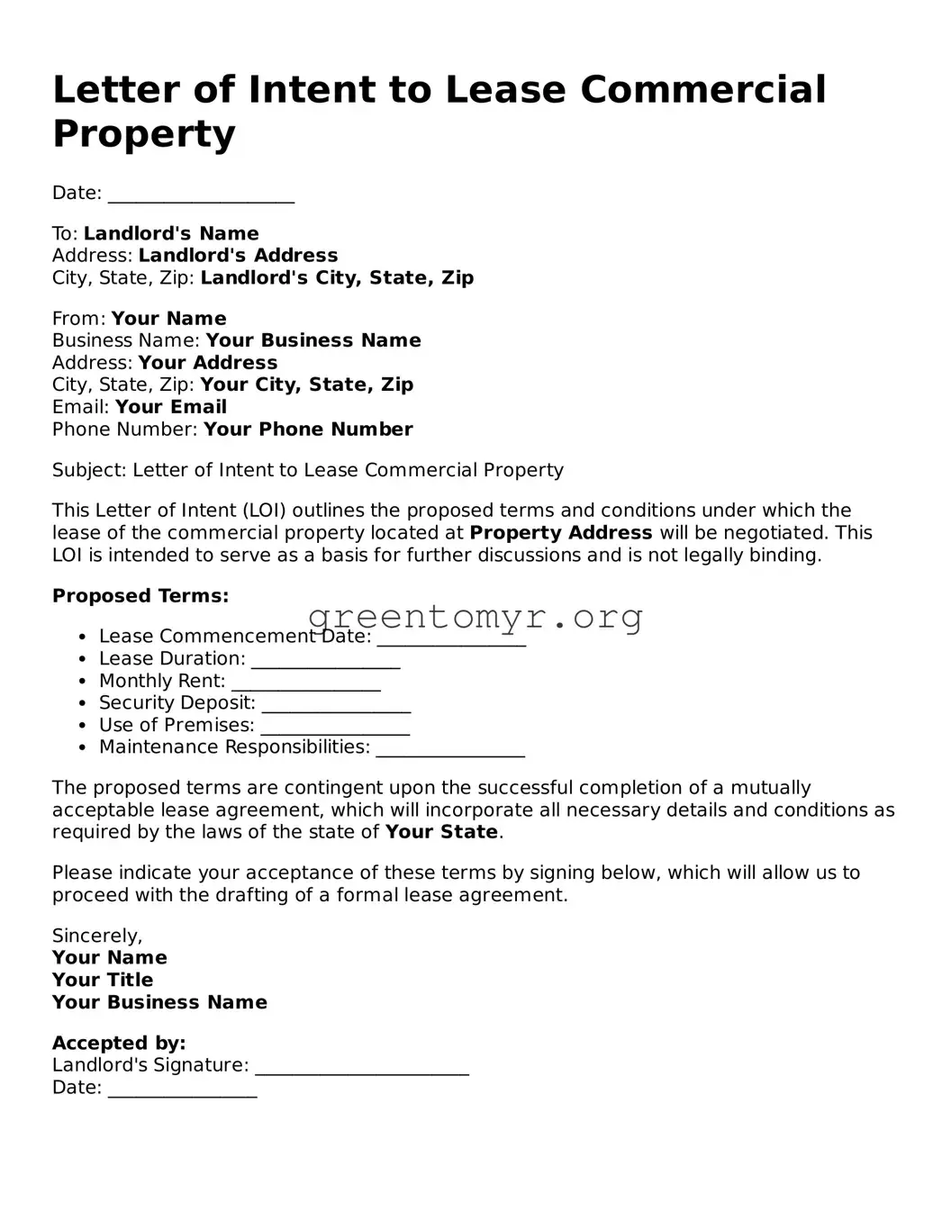 Valid Letter of Intent to Lease Commercial Property Form