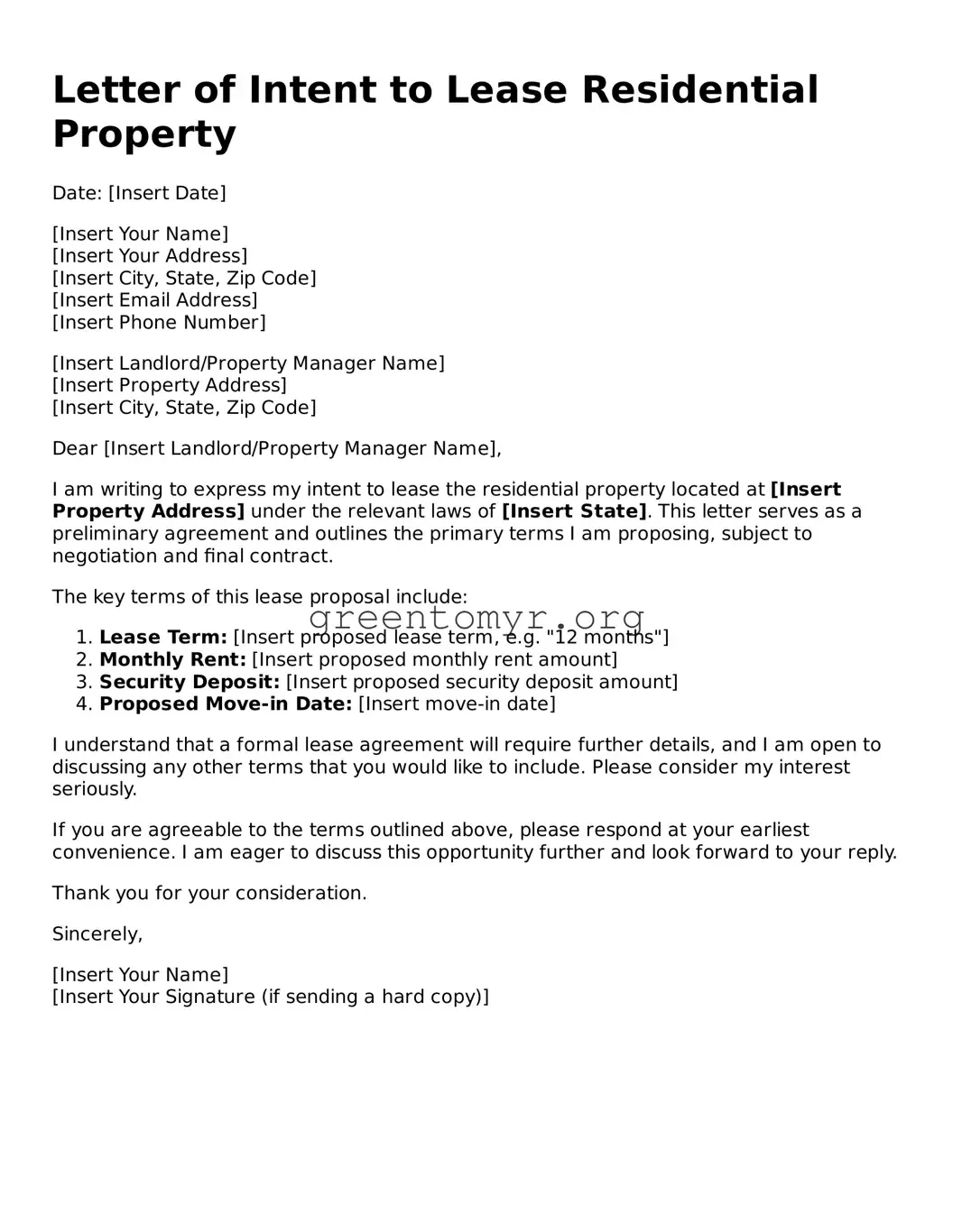 Valid Letter of Intent to Lease Residential Property Form