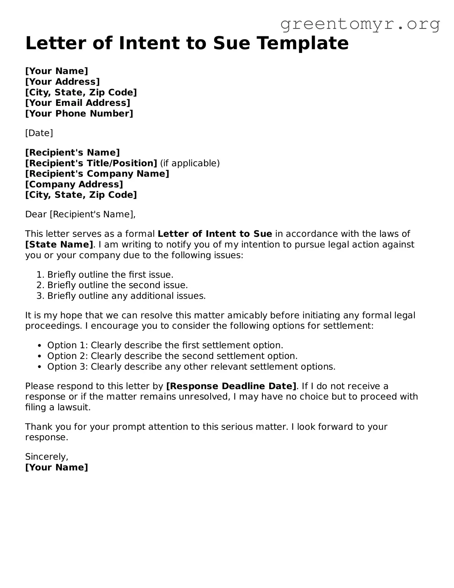 Valid Letter of Intent to Sue Form