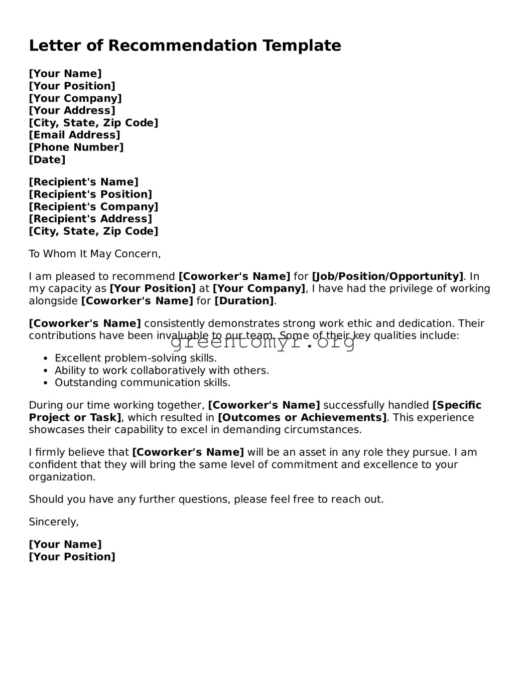 Valid Letter of Recommendation for Coworker Form