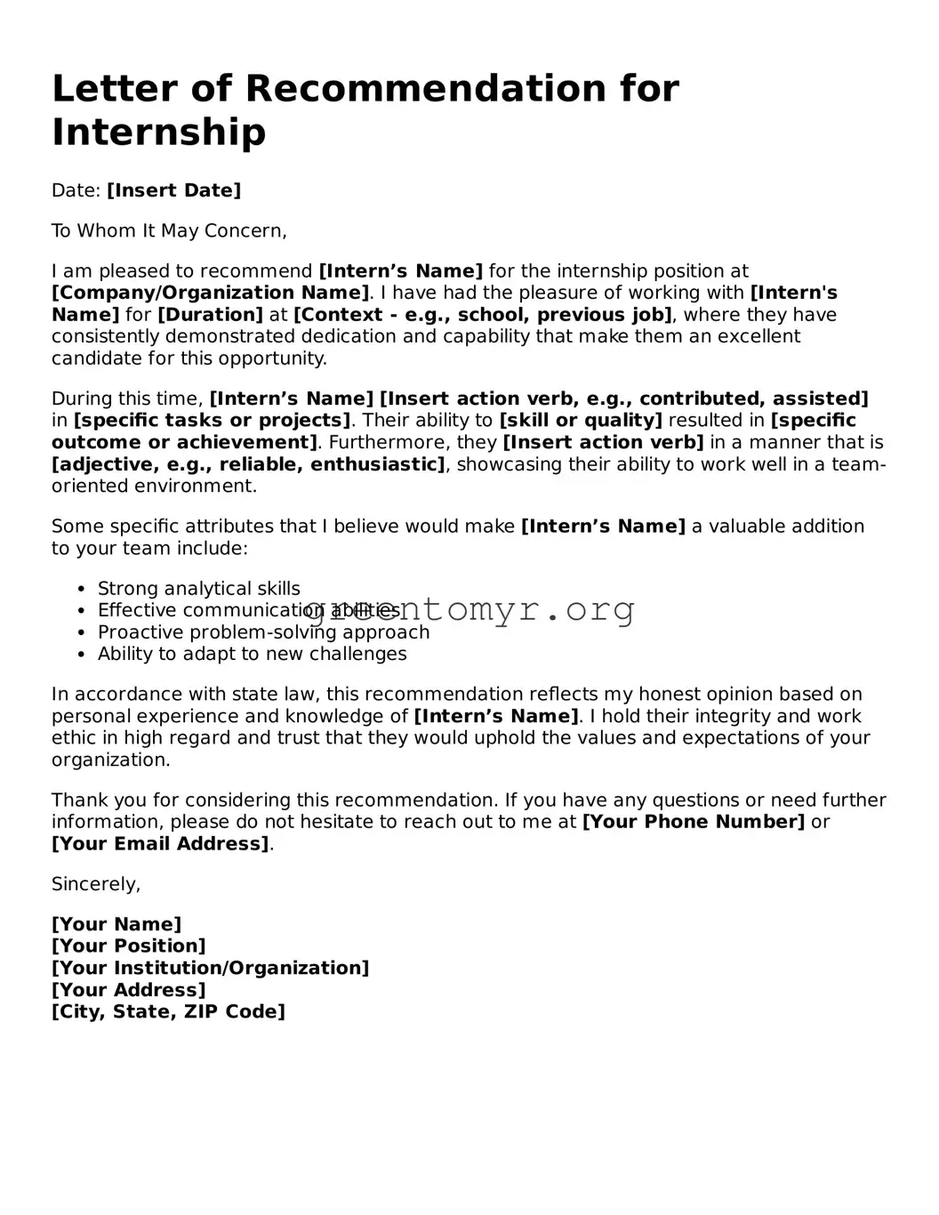 Valid Letter of Recommendation for Internship Form