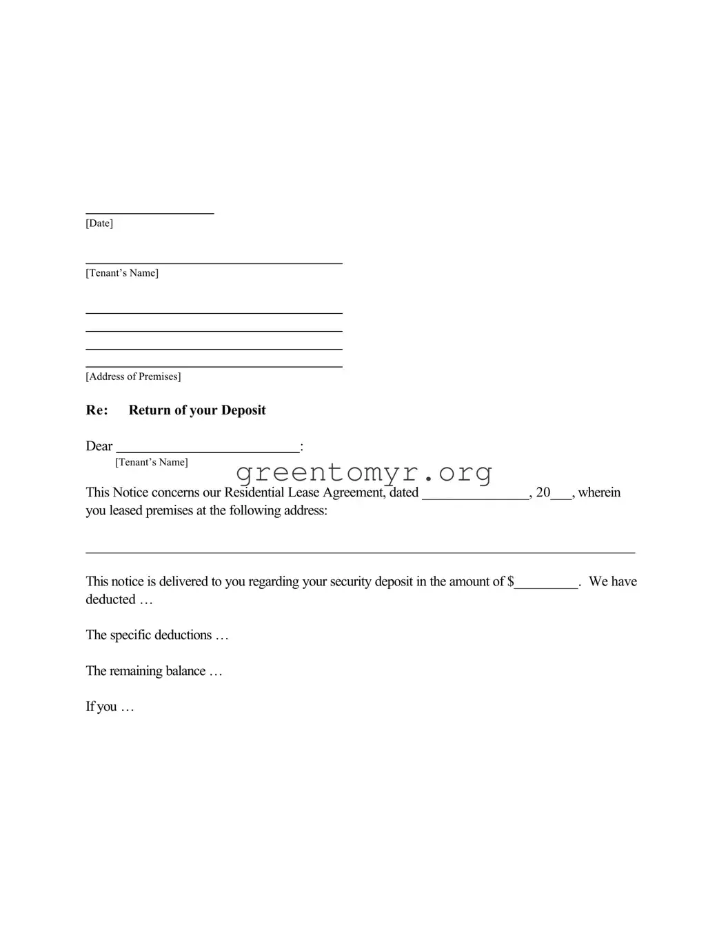 Fill in a Valid Letter Refund Of Security Deposit Template