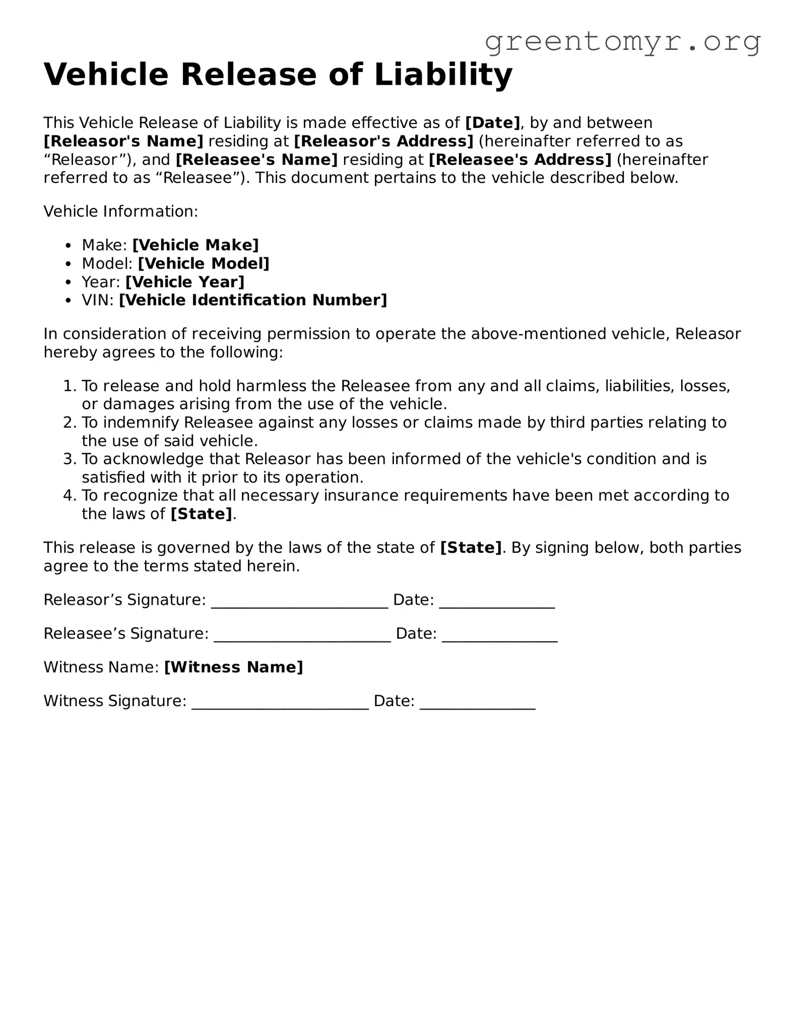 Valid Vehicle Release of Liability Form