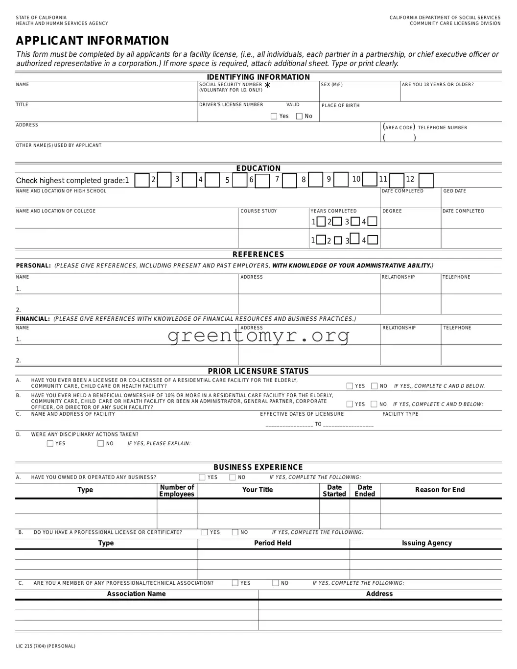 Fill in a Valid Lic 215 Template