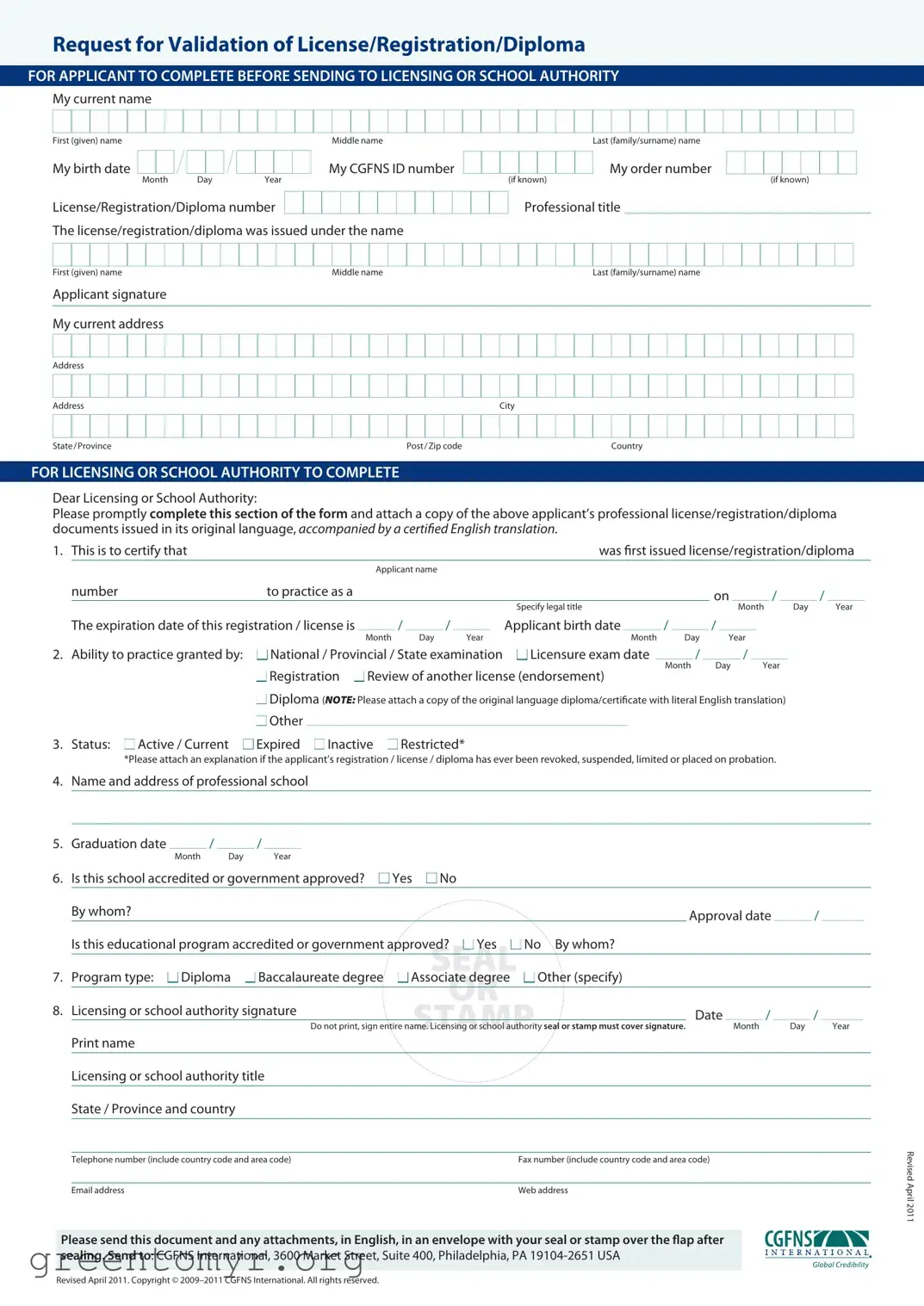 Fill in a Valid Cgfns Validation License Template
