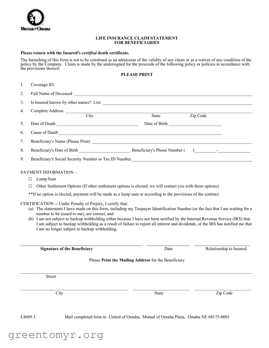 Fill in a Valid Mutual Of Omaha Accidental Death Claim Pdf Template