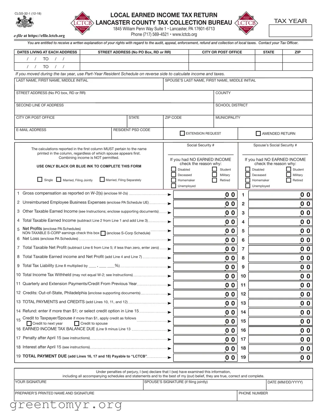 Fill in a Valid Local Tax Lancaster Template