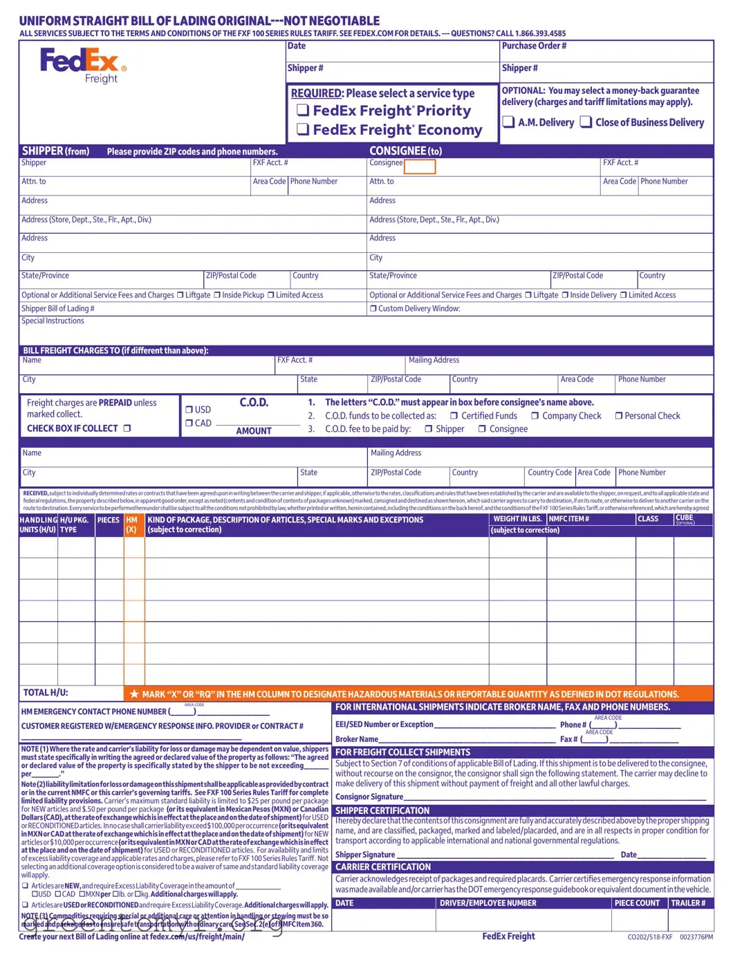 Fill in a Valid Fedex Bill Of Lading Template