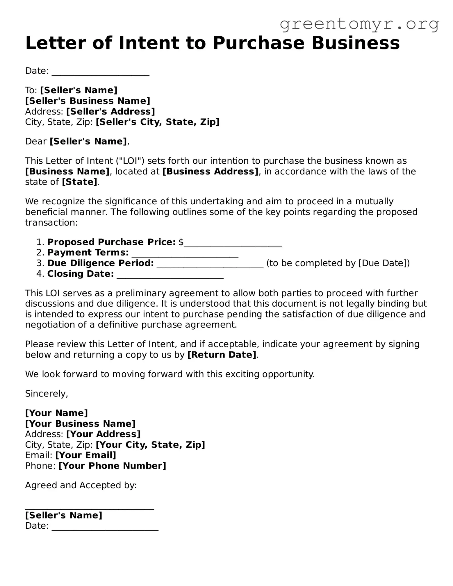 Valid Letter of Intent to Purchase Business Form