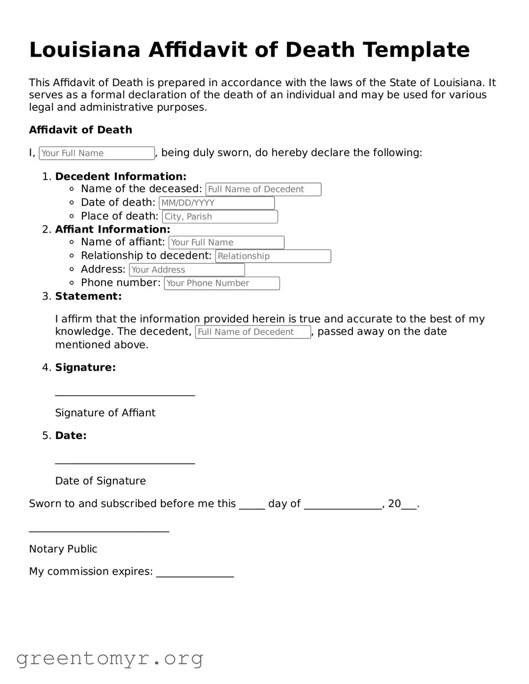Affidavit of Death Form for the State of Louisiana