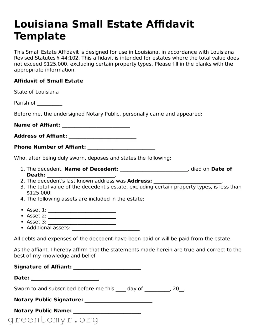 Small Estate Affidavit Form for the State of Louisiana