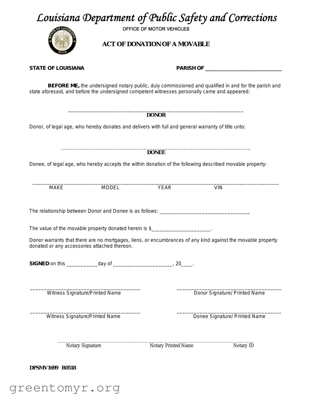 Fill in a Valid Louisiana act of donation Template