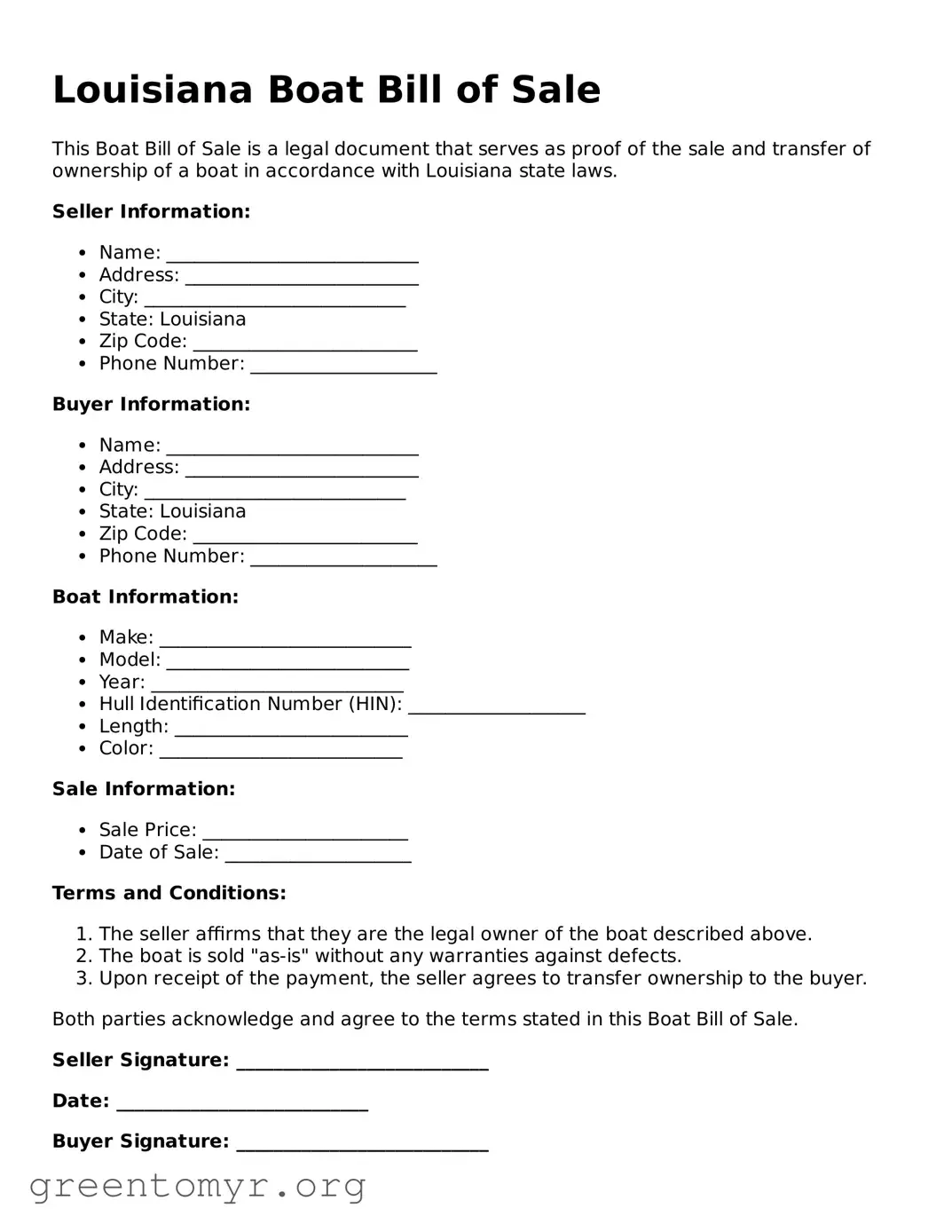 Boat Bill of Sale Form for the State of Louisiana