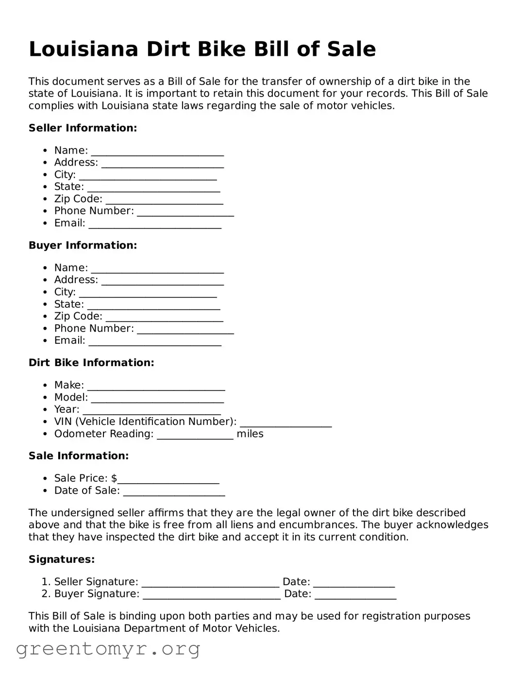 Dirt Bike Bill of Sale Form for the State of Louisiana