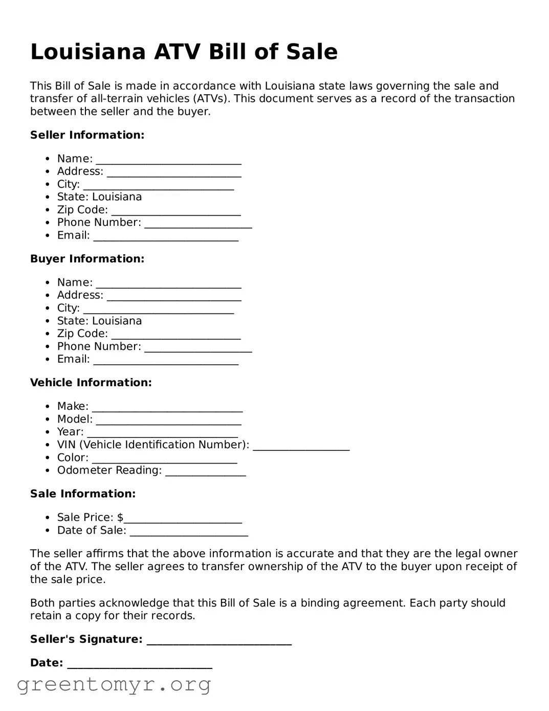 ATV Bill of Sale Form for the State of Louisiana