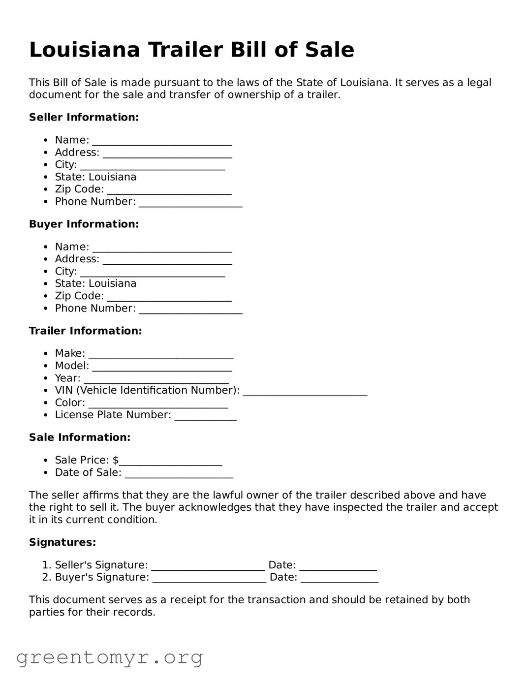 Trailer Bill of Sale Form for the State of Louisiana