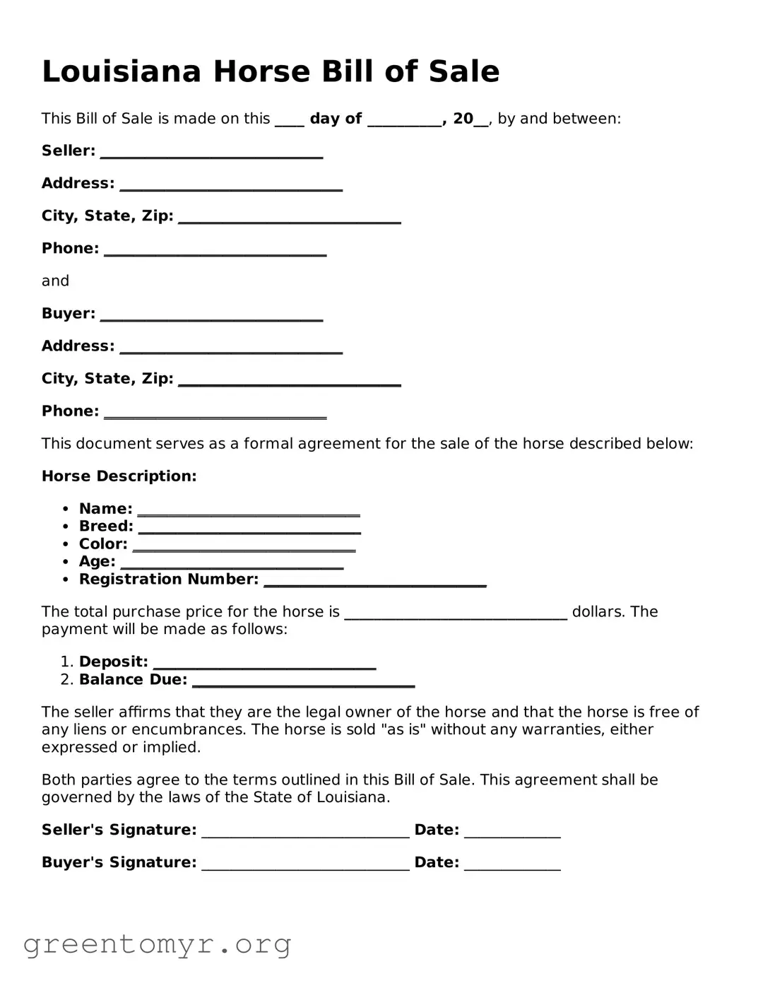 Horse Bill of Sale Form for the State of Louisiana