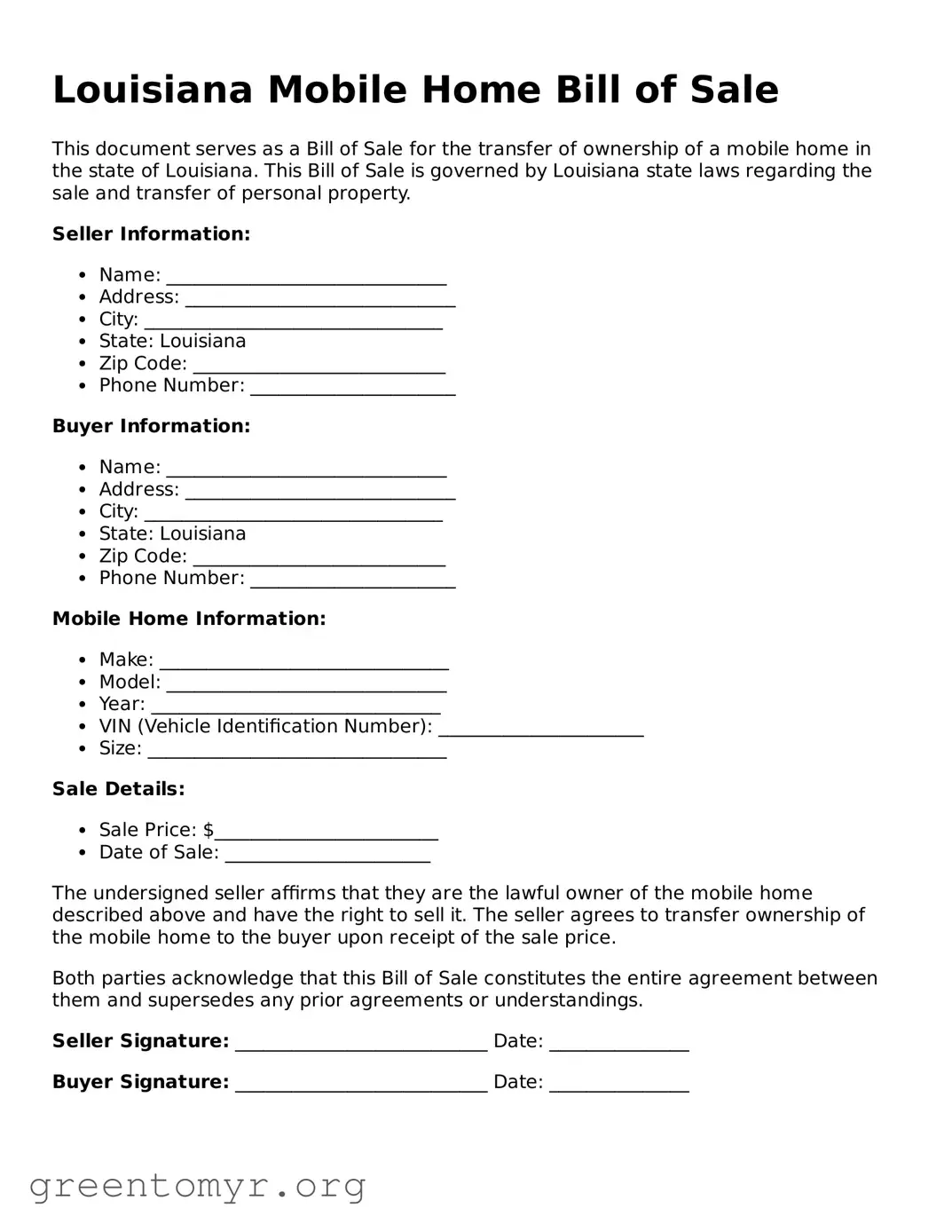 Mobile Home Bill of Sale Form for the State of Louisiana