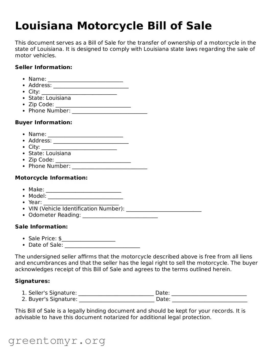Motorcycle Bill of Sale Form for the State of Louisiana