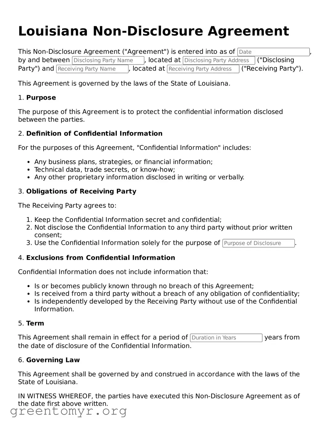 Non-disclosure Agreement Form for the State of Louisiana