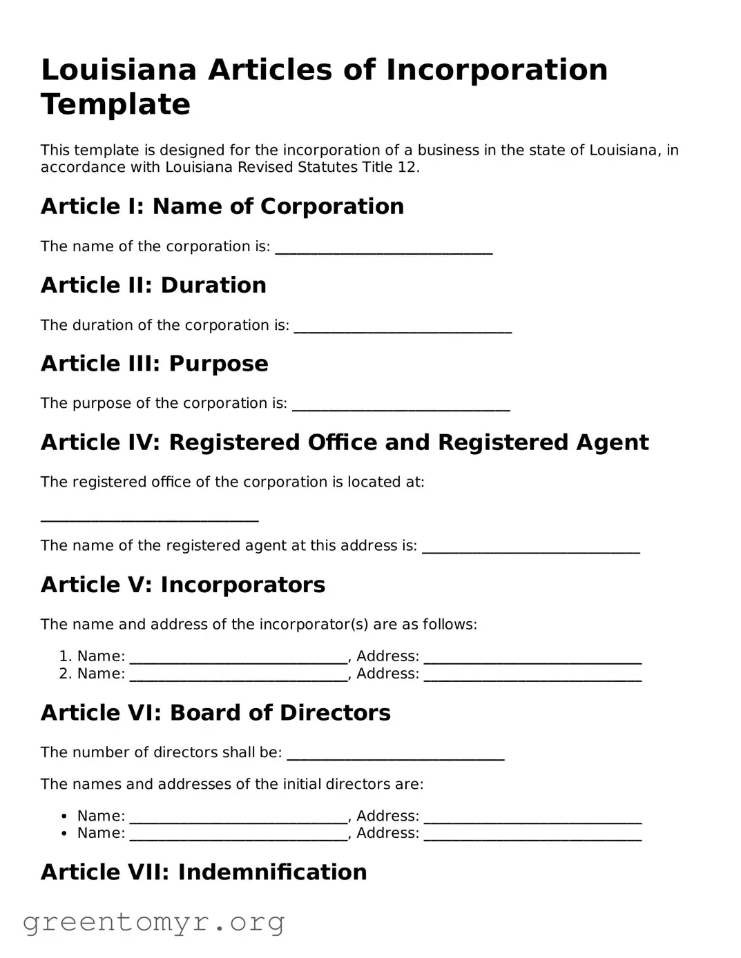 Articles of Incorporation Form for the State of Louisiana