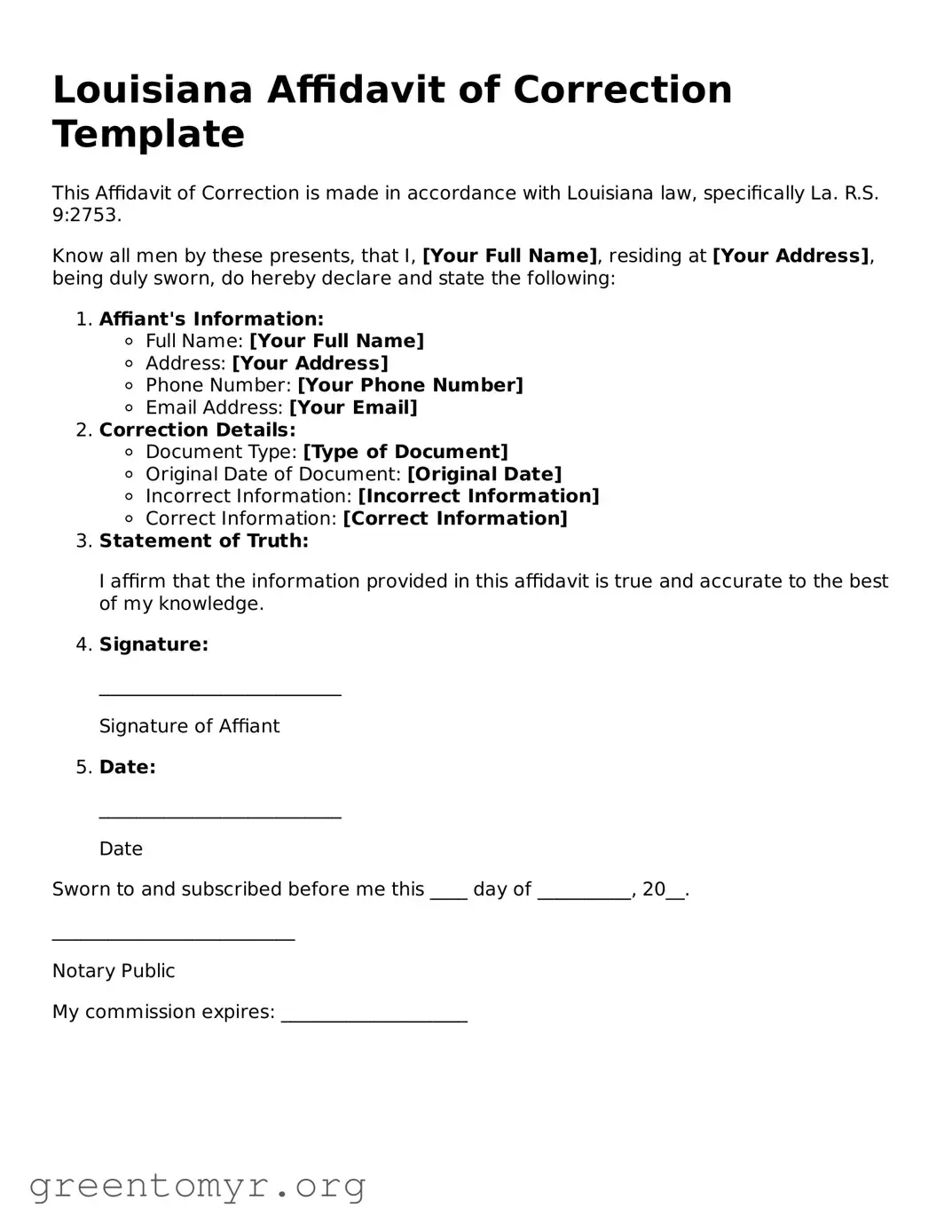 Affidavit of Correction Form for the State of Louisiana