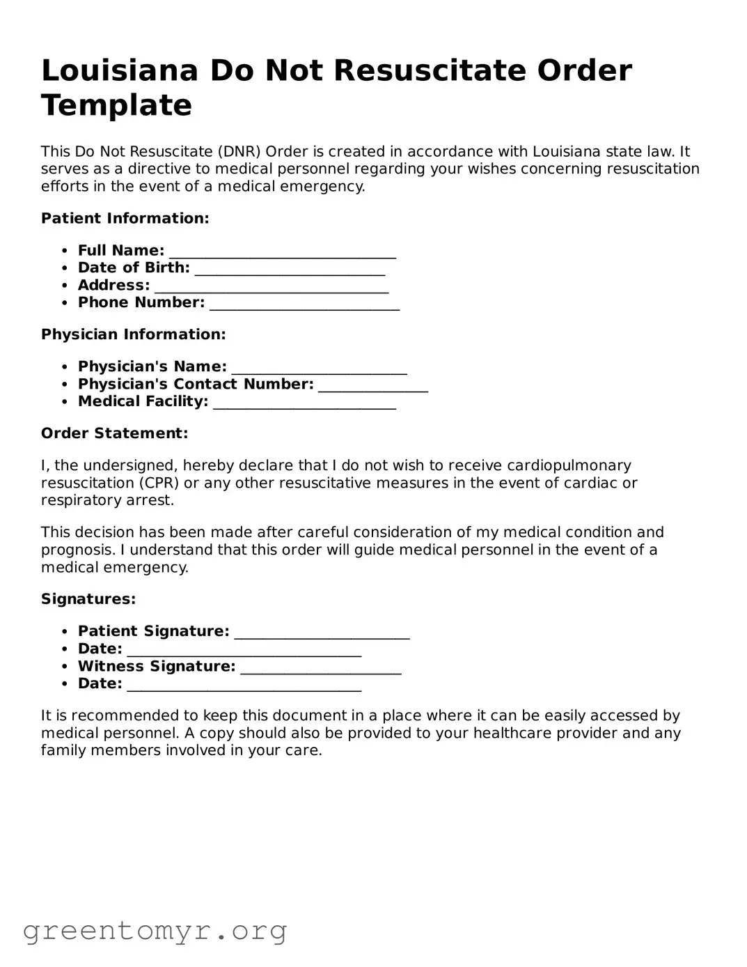 Do Not Resuscitate Order Form for the State of Louisiana